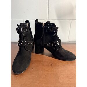 Rebecca Minkoff Black Suede Studded Buckle Ankle Boots Block Heel Women Size 7.5